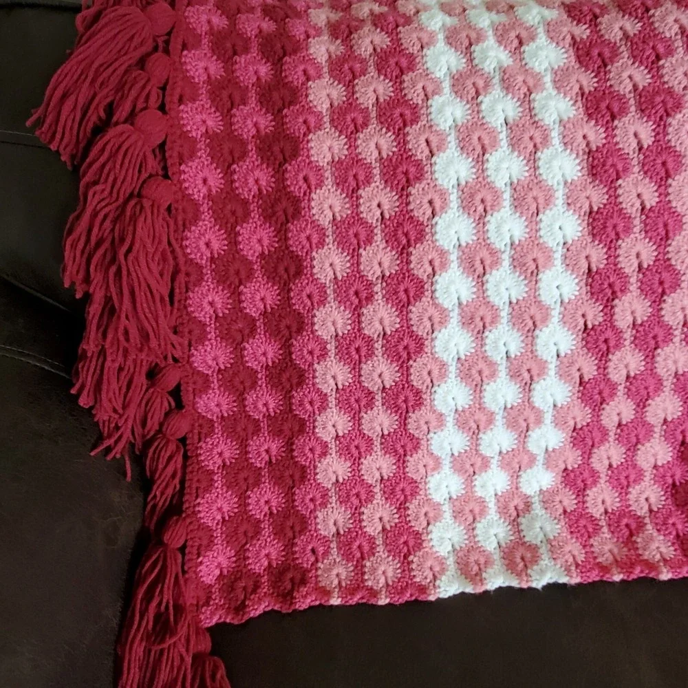 Afghan Handmade Maroon pink white 62L x 36W w/ 6